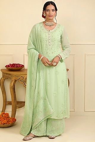 Mint Georgette Chikankari Embellished Kurta Set by Esha Koul