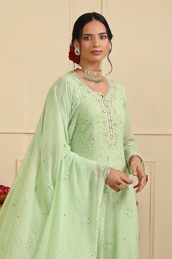 Mint Georgette Chikankari Embellished Kurta Set by Esha Koul at Pernia's Pop Up Shop