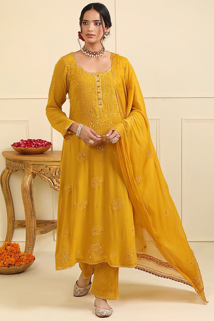 Mustard Georgette Chikankari Embellished Kurta Set by Esha Koul at Pernia's Pop Up Shop