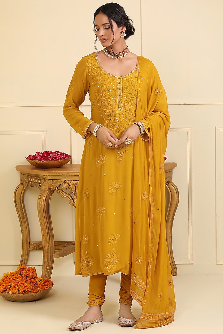 Mustard Georgette Chikankari Embellished Kurta Set by Esha Koul at Pernia's Pop Up Shop