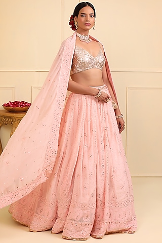 Pink Georgette Chikankari Embellished Lehenga Set by Esha Koul