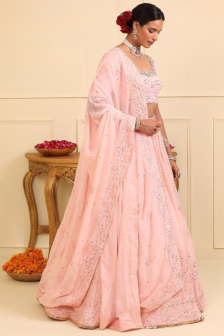 Pink Georgette Chikankari Embellished Wedding Lehenga Set by Esha Koul at Pernia's Pop Up Shop