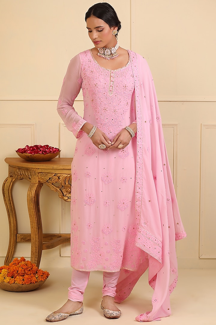 Pink Georgette Chikankari Embellished Kurta Set by Esha Koul at Pernia's Pop Up Shop