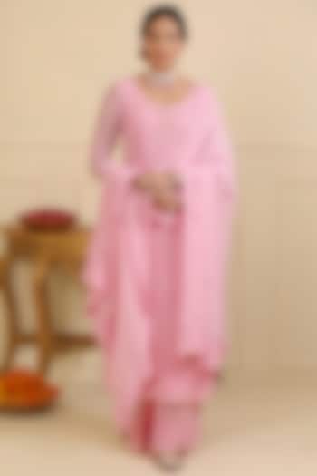 Pink Georgette Chikankari Embellished Kurta Set by Esha Koul