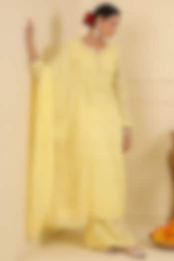 Lemon Yellow Georgette Chikankari Embellished Kurta Set by Esha Koul