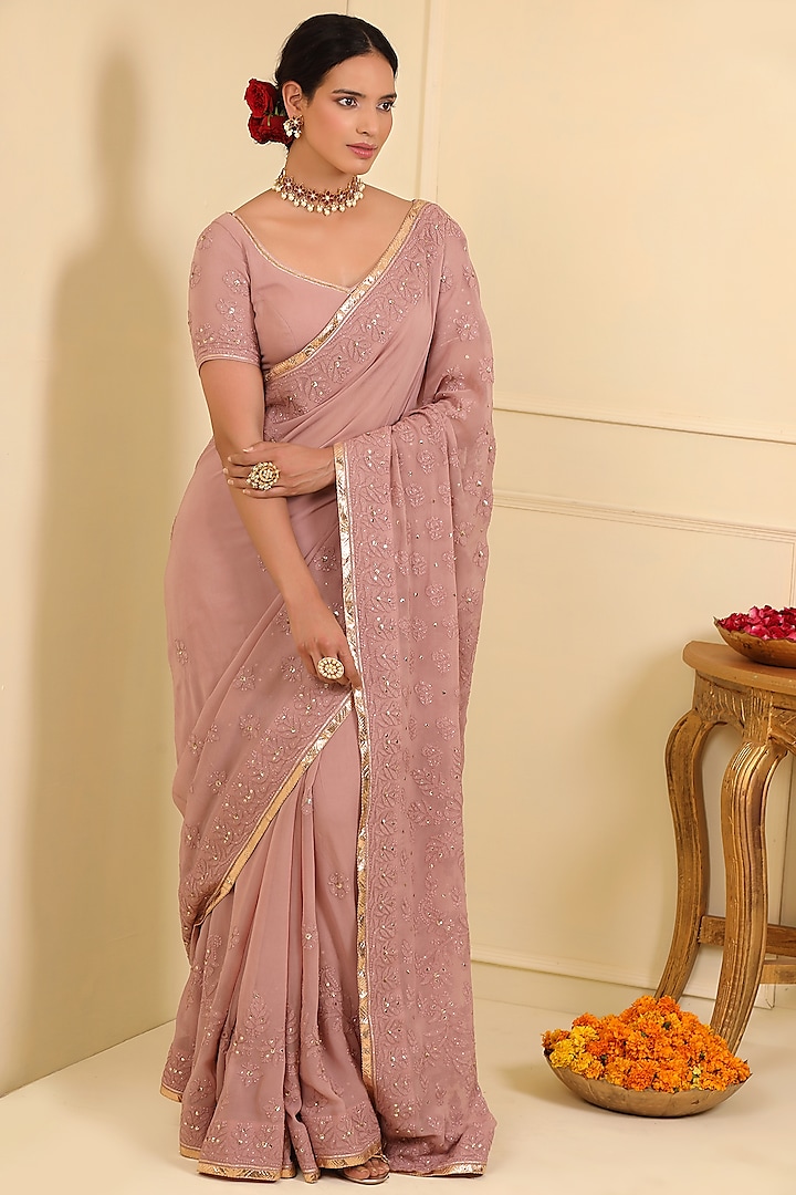Mauve Georgette Chikankari Embellished Saree Set by Esha Koul