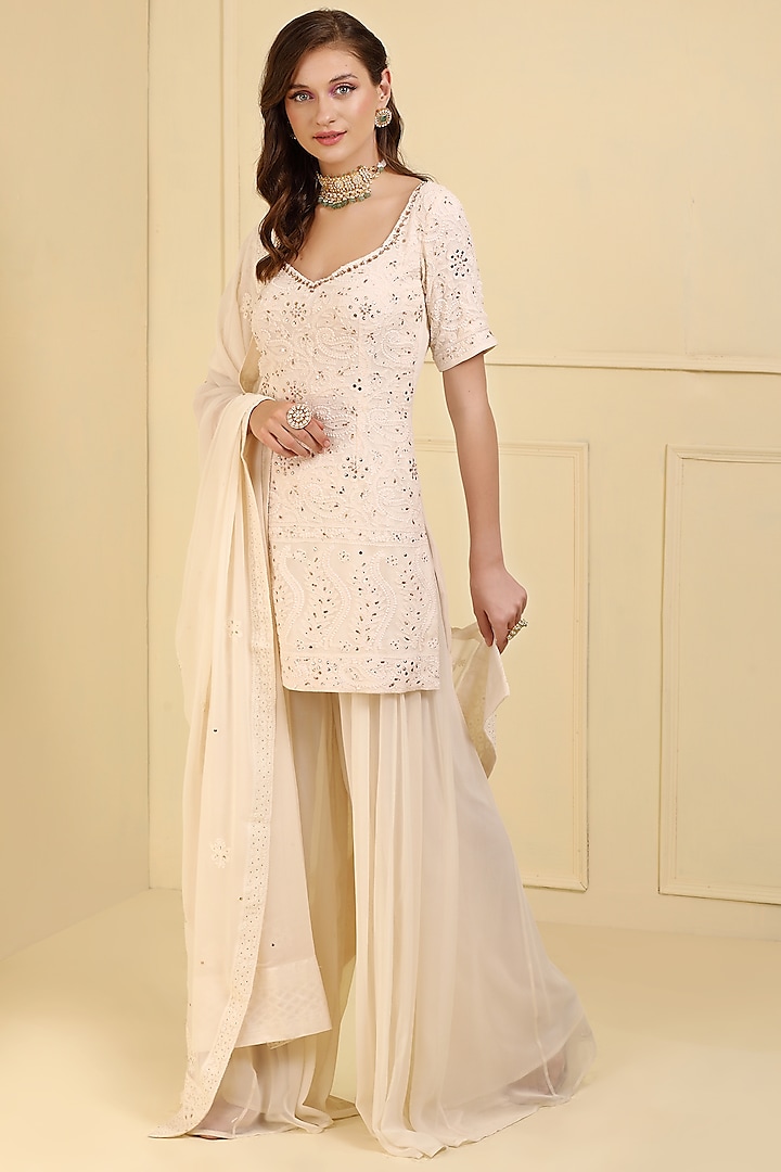 White Georgette Chikankari Wedding Sharara Set by Esha Koul at Pernia's Pop Up Shop