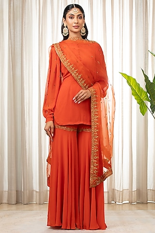 Rust Georgette Sharara Set by Esha Koul