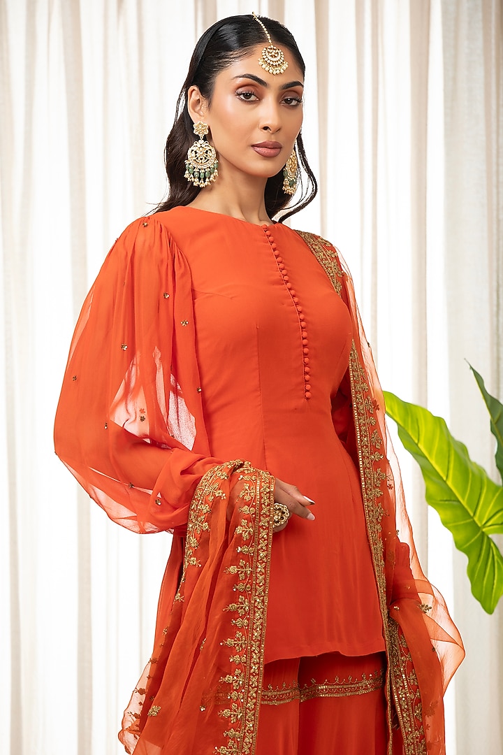 Rust Georgette Wedding Sharara Set by Esha Koul at Pernia's Pop Up Shop