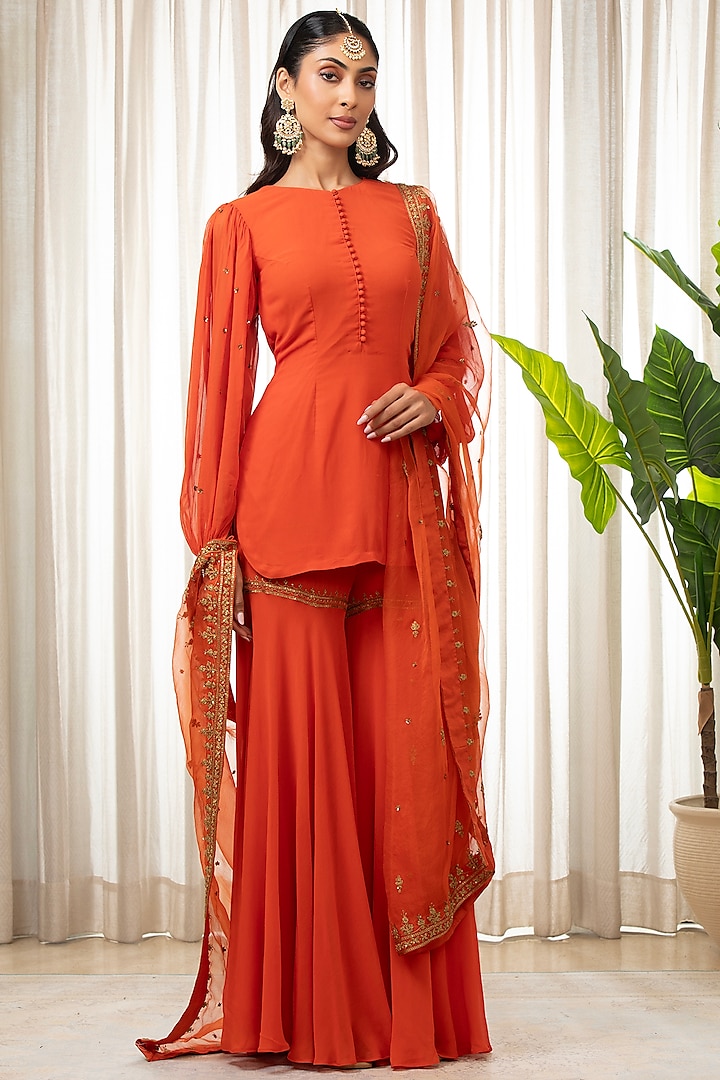 Rust Georgette Wedding Sharara Set by Esha Koul at Pernia's Pop Up Shop