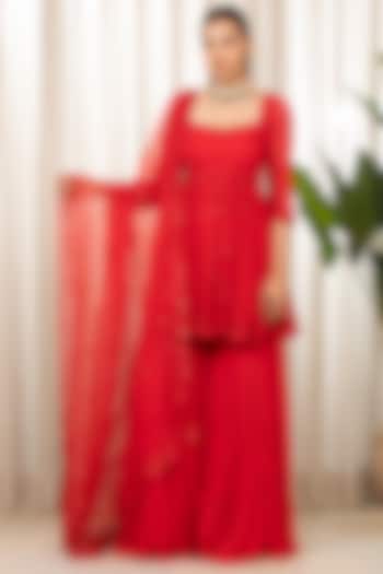 Red Georgette Wedding Sharara Set by Esha Koul at Pernia's Pop Up Shop