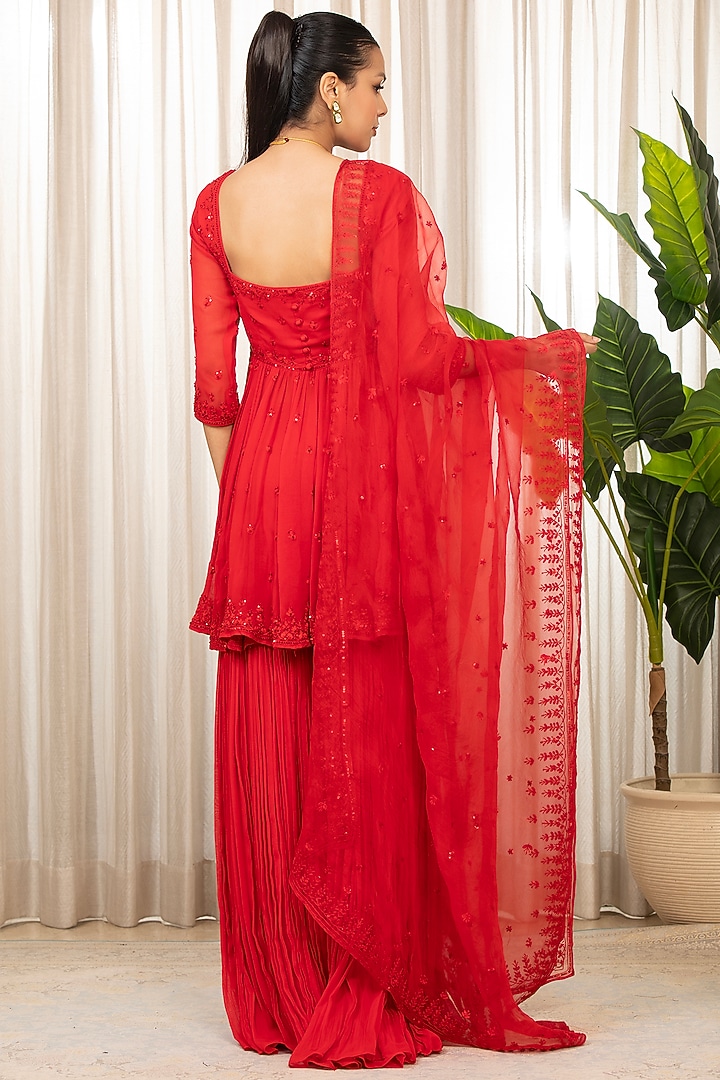 Red Georgette Wedding Sharara Set by Esha Koul at Pernia's Pop Up Shop