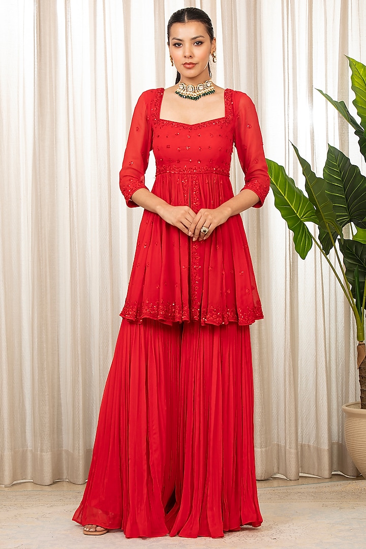 Red Georgette Wedding Sharara Set by Esha Koul at Pernia's Pop Up Shop