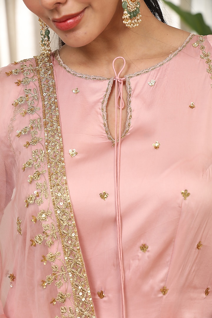 Baby Pink Bemberg Pure Satin Hand Embroidered Kurta Set by Esha Koul at Pernia's Pop Up Shop
