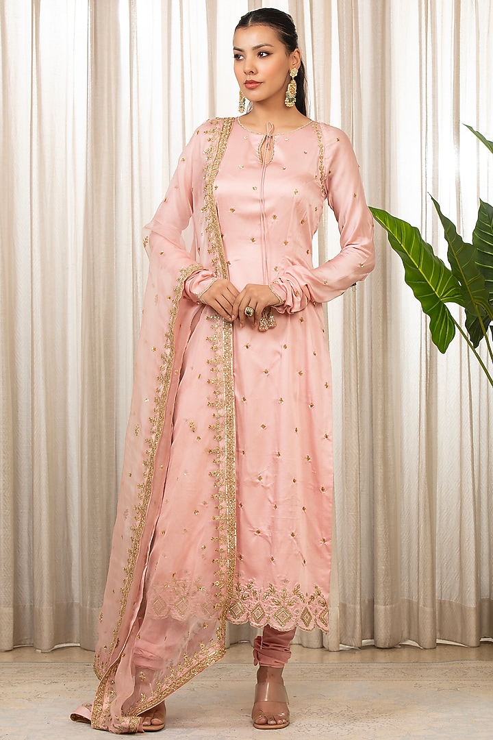 Baby Pink Bemberg Pure Satin Hand Embroidered Kurta Set by Esha Koul at Pernia's Pop Up Shop