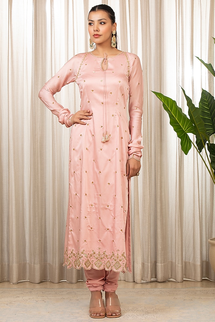 Baby Pink Bemberg Pure Satin Hand Embroidered Kurta Set by Esha Koul at Pernia's Pop Up Shop