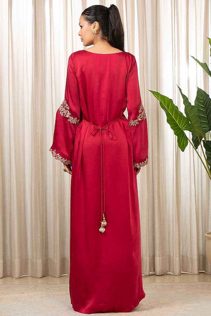 Red Bemberg Pure Satin Embellished Front-Knot Kaftan by Esha Koul at Pernia's Pop Up Shop