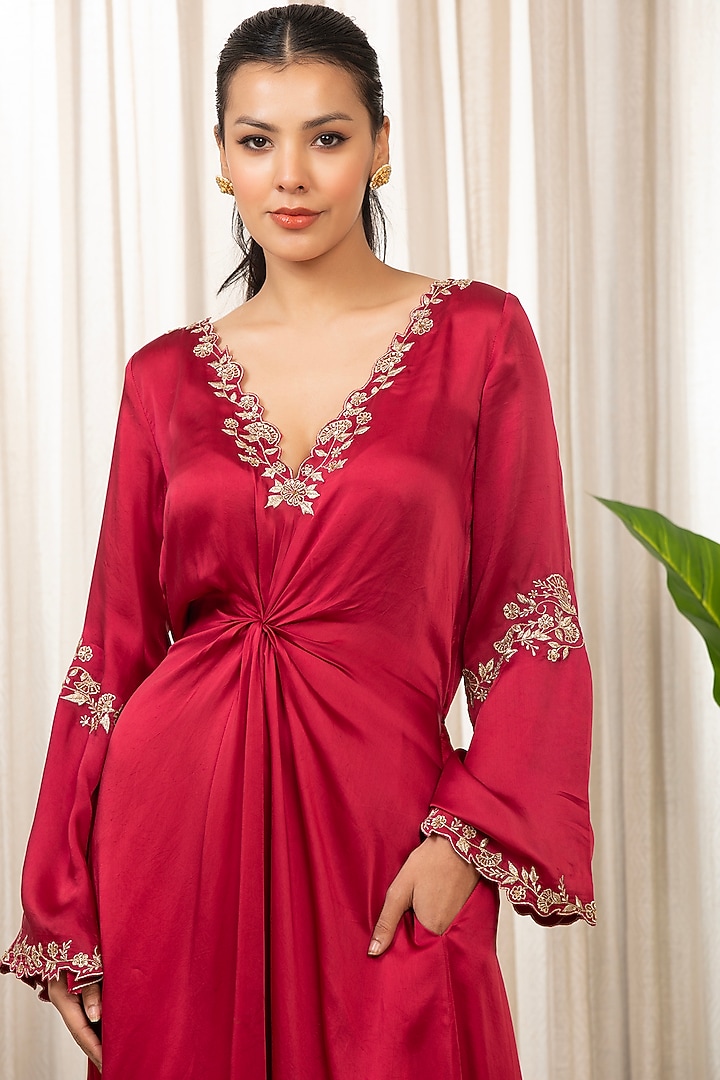 Red Bemberg Pure Satin Embellished Front-Knot Kaftan by Esha Koul at Pernia's Pop Up Shop