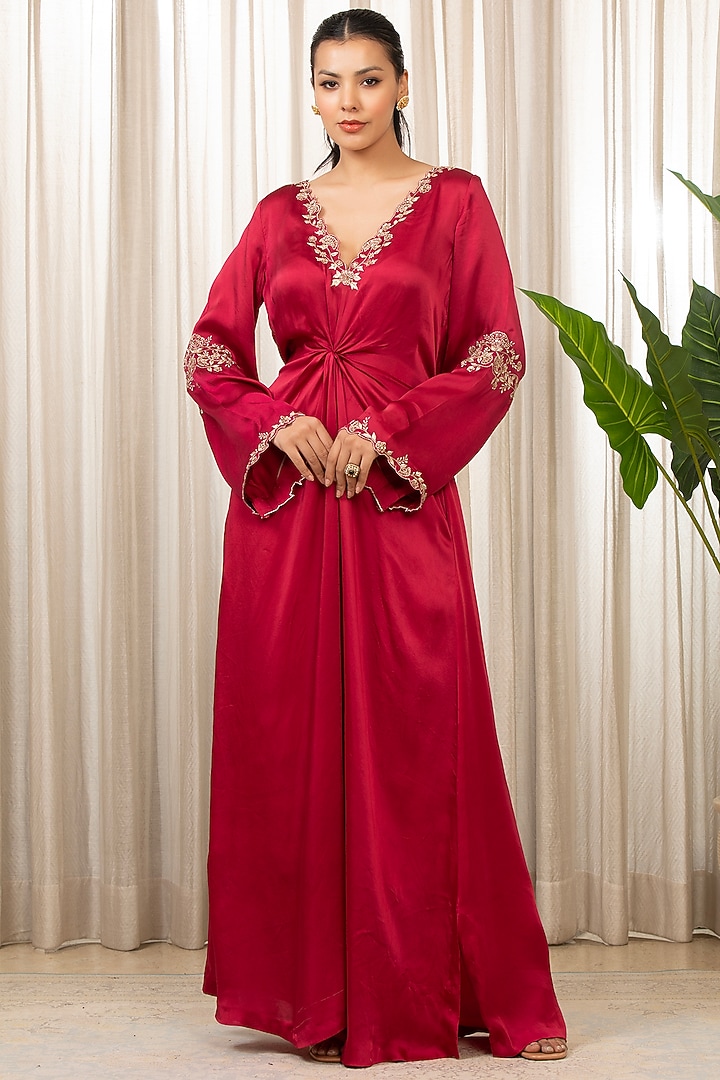 Red Bemberg Pure Satin Embellished Front-Knot Kaftan by Esha Koul at Pernia's Pop Up Shop