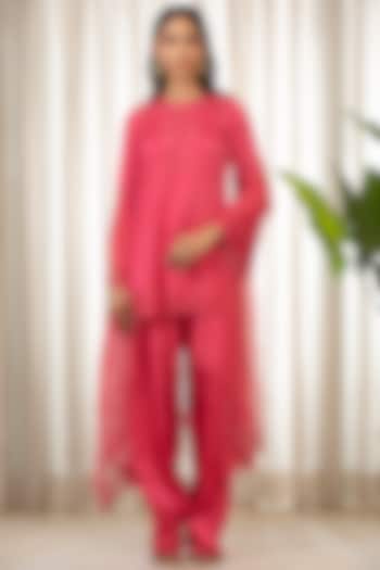 Kashmiri Pink Bemberg Pure Satin Cutwork Embroidered Kurta Set by Esha Koul at Pernia's Pop Up Shop