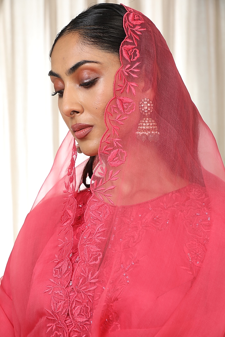 Kashmiri Pink Bemberg Pure Satin Cutwork Embroidered Kurta Set by Esha Koul at Pernia's Pop Up Shop