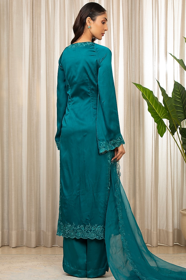 Teal Blue Bemberg Pure Satin Cutwork Embroidered Kurta Set by Esha Koul at Pernia's Pop Up Shop