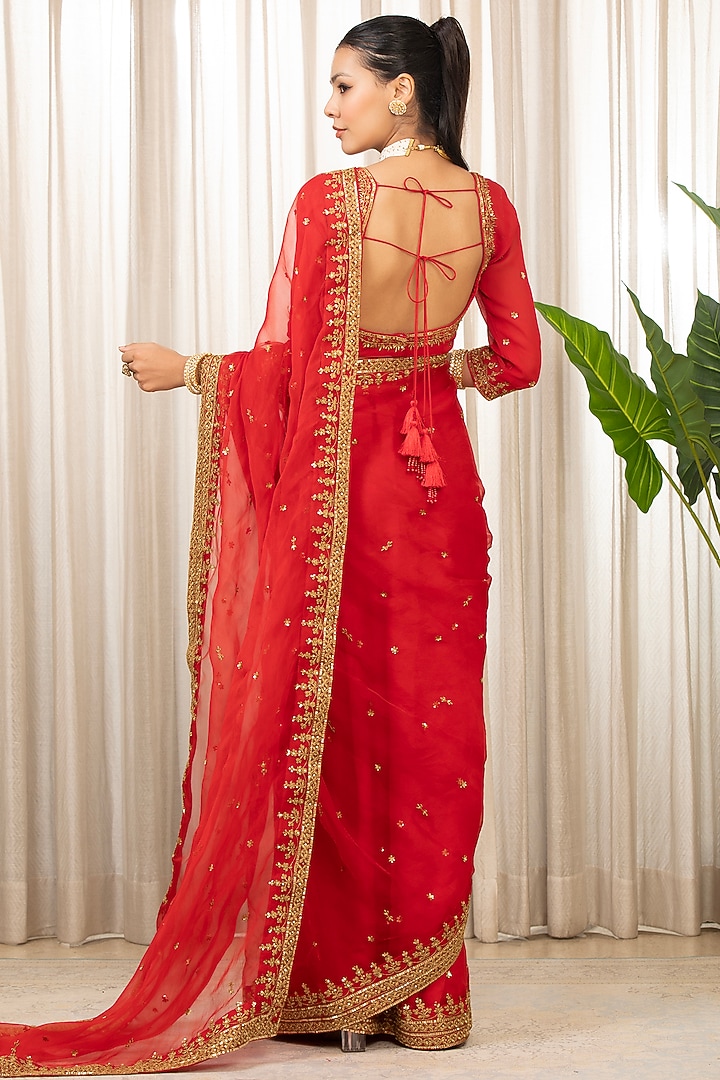 Red Georgette & Organza Dori Embroidered Wedding Saree Set by Esha Koul at Pernia's Pop Up Shop