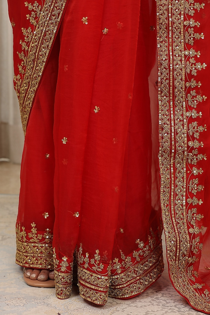 Red Georgette & Organza Dori Embroidered Wedding Saree Set by Esha Koul at Pernia's Pop Up Shop