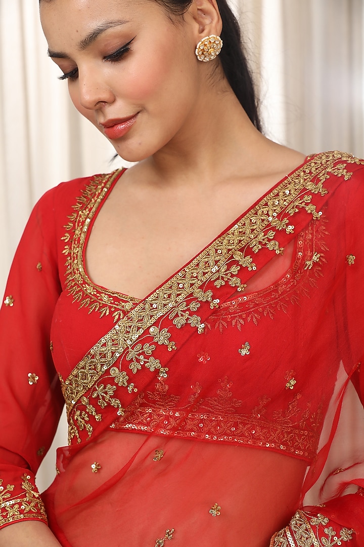 Red Georgette & Organza Dori Embroidered Wedding Saree Set by Esha Koul at Pernia's Pop Up Shop