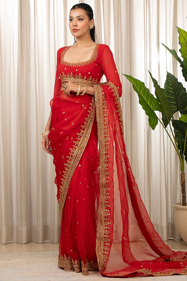 Red Georgette & Organza Dori Embroidered Wedding Saree Set by Esha Koul at Pernia's Pop Up Shop