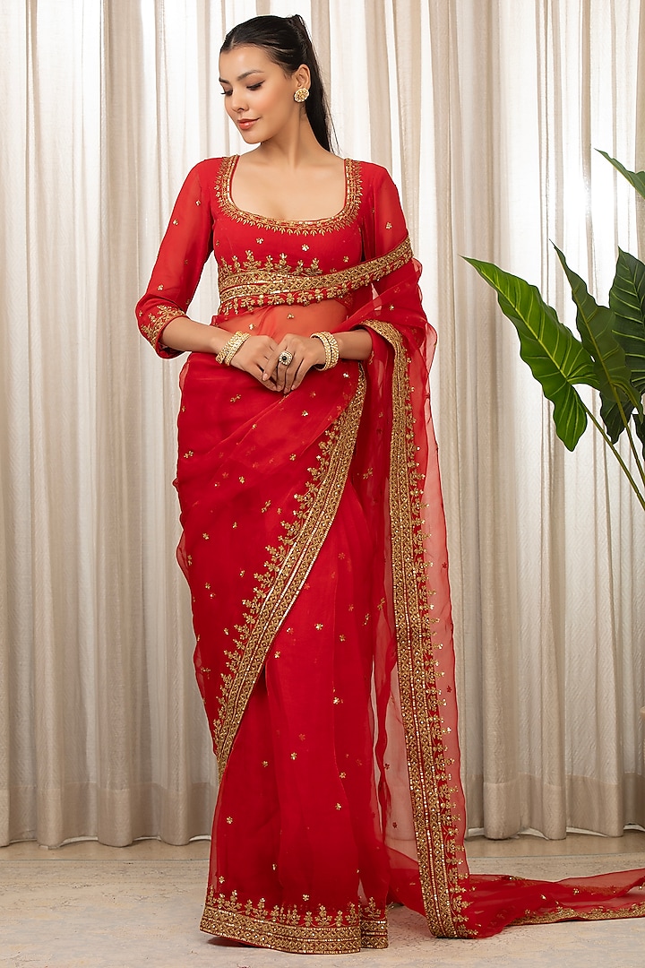 Red Georgette & Organza Dori Embroidered Wedding Saree Set by Esha Koul at Pernia's Pop Up Shop