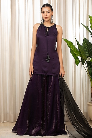 Purple Bemberg Pure Satin & Shimmer Sharara Set by Esha Koul