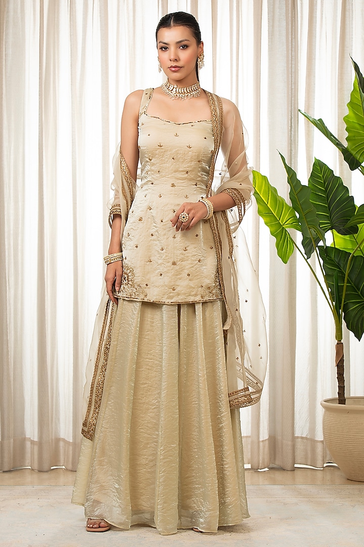 Cream Shimmer & Semi-Crepe Wedding Sharara Set by Esha Koul at Pernia's Pop Up Shop