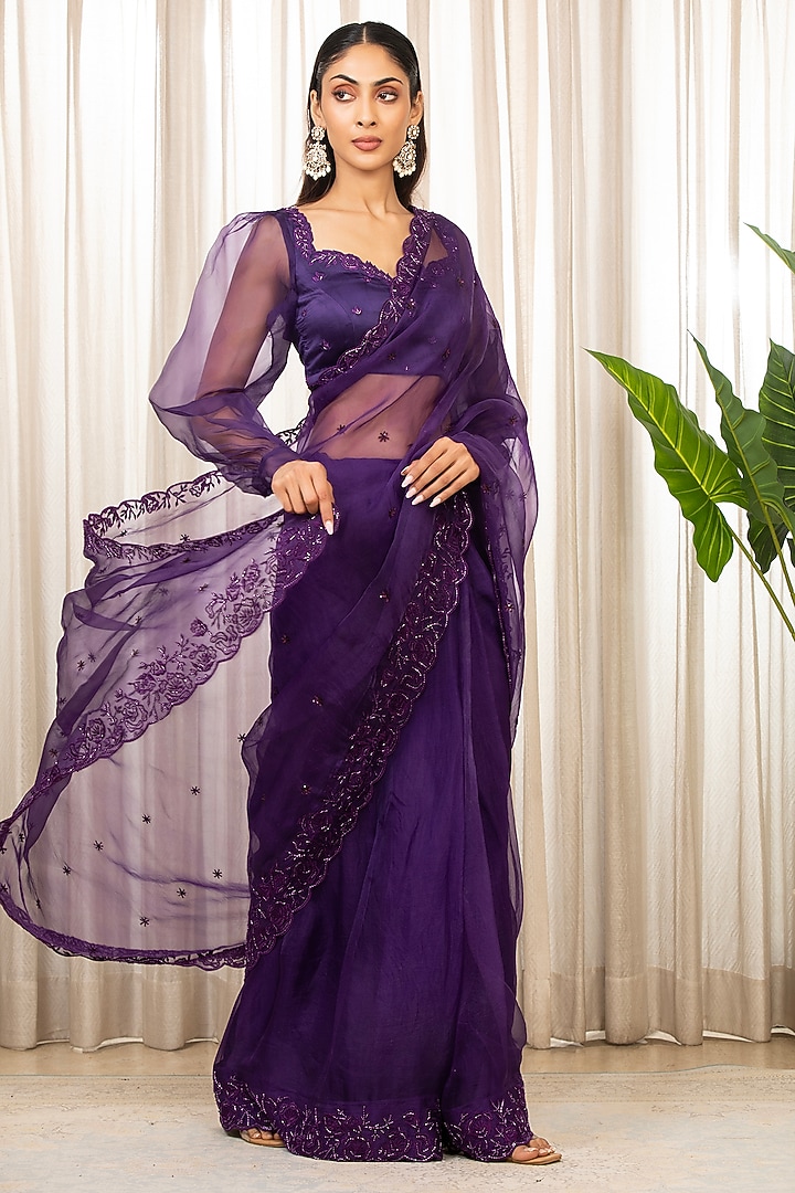 Purple Organza Cutwork Hand Embellished Wedding Saree Set by Esha Koul at Pernia's Pop Up Shop