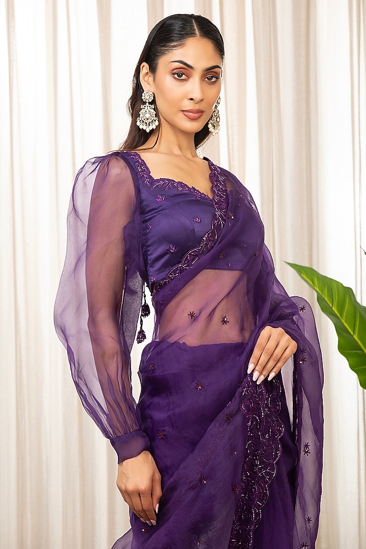 Purple Organza Cutwork Hand Embellished Wedding Saree Set by Esha Koul at Pernia's Pop Up Shop