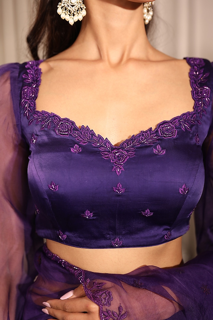 Purple Organza Cutwork Hand Embellished Wedding Saree Set by Esha Koul at Pernia's Pop Up Shop