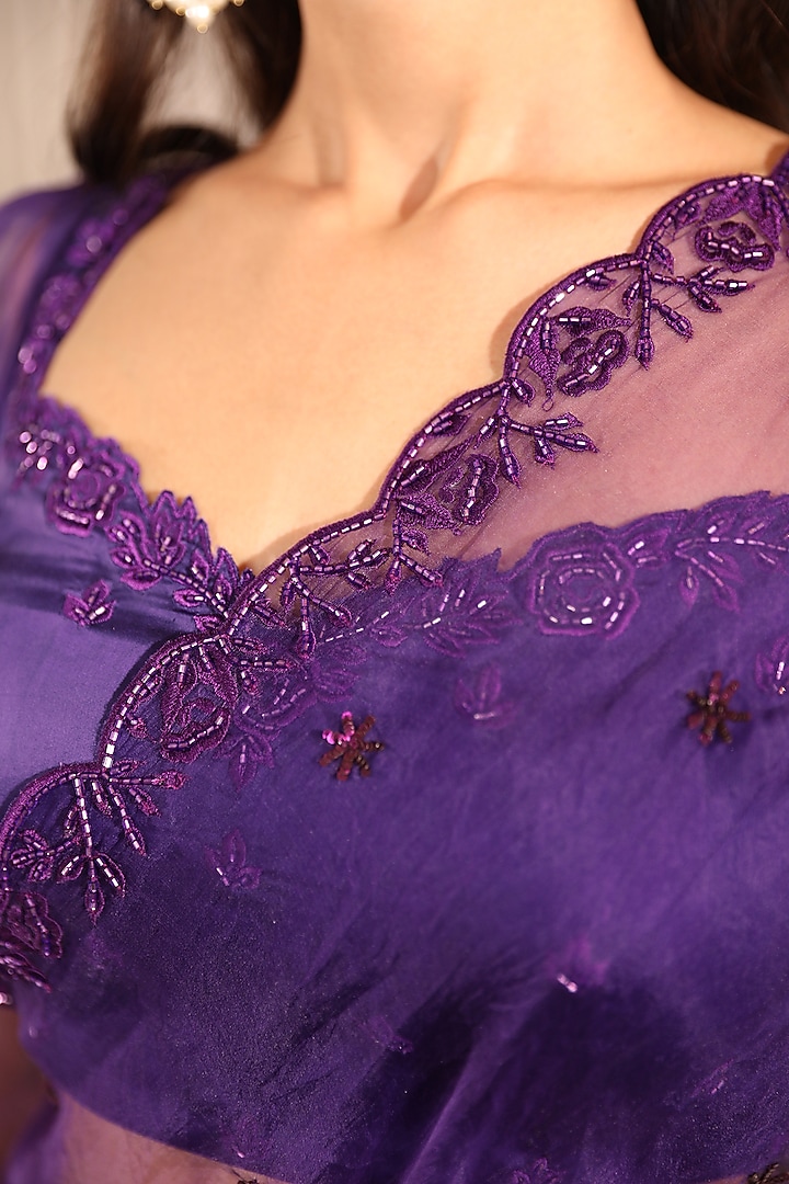 Purple Organza Cutwork Hand Embellished Wedding Saree Set by Esha Koul at Pernia's Pop Up Shop