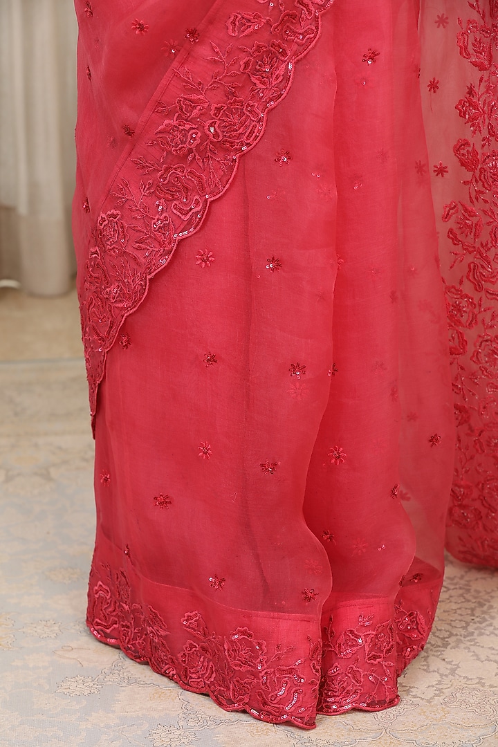 Pink Organza Cutwork Hand Embellished Wedding Saree Set by Esha Koul at Pernia's Pop Up Shop