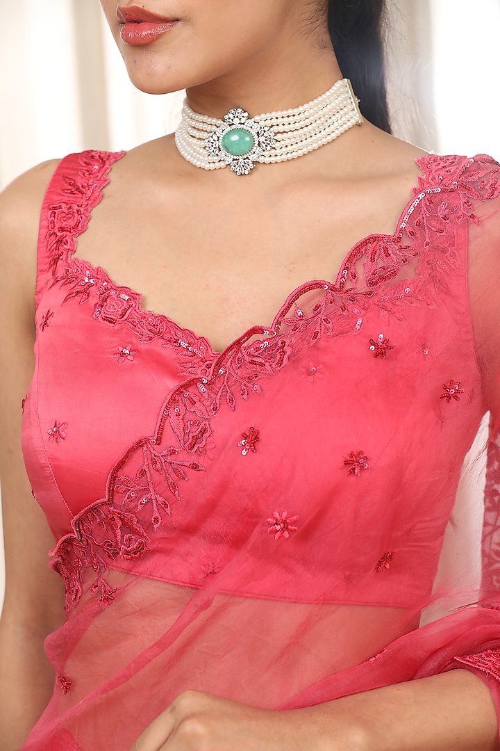 Pink Organza Cutwork Hand Embellished Wedding Saree Set by Esha Koul at Pernia's Pop Up Shop