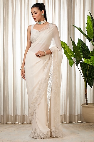 White Georgette Organza Cutwork Saree Set by Esha Koul