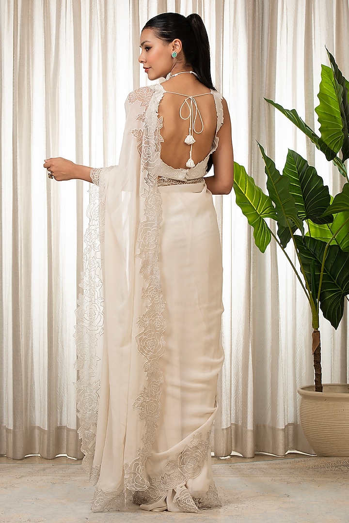 White Georgette Organza Cutwork Wedding Saree Set by Esha Koul at Pernia's Pop Up Shop