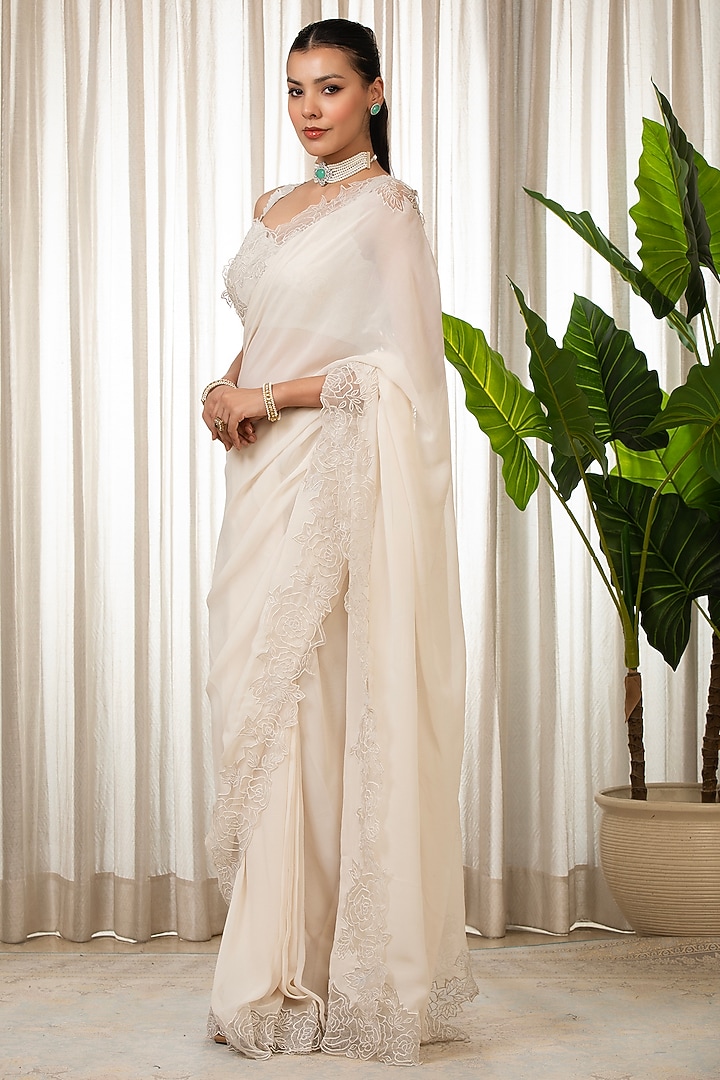 White Georgette Organza Cutwork Wedding Saree Set by Esha Koul at Pernia's Pop Up Shop