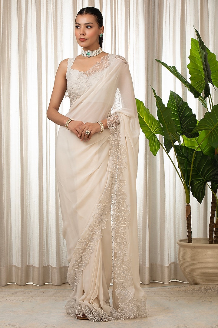 White Georgette Organza Cutwork Wedding Saree Set by Esha Koul at Pernia's Pop Up Shop