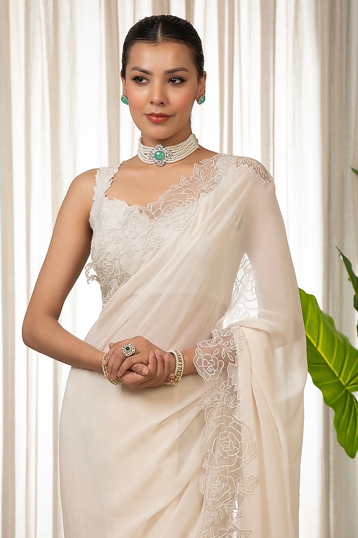 White Georgette Organza Cutwork Wedding Saree Set by Esha Koul at Pernia's Pop Up Shop