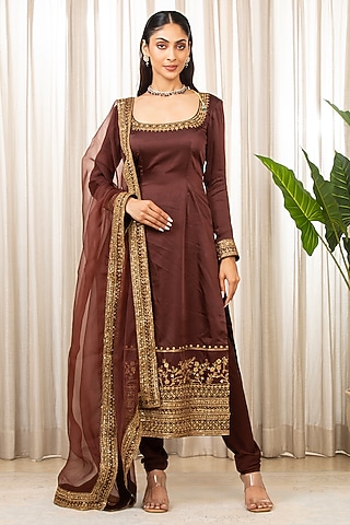 Chocolate Brown Bemberg Pure Satin Zari Work Kurta Set by Esha Koul