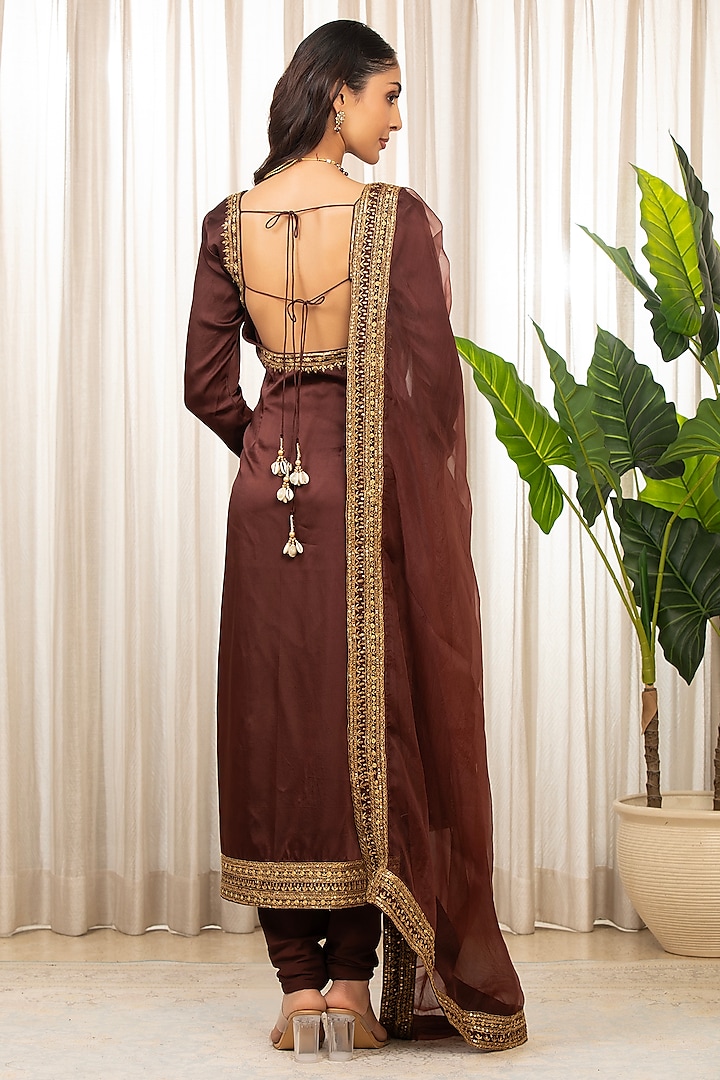 Chocolate Brown Bemberg Pure Satin Zari Work Kurta Set by Esha Koul at Pernia's Pop Up Shop