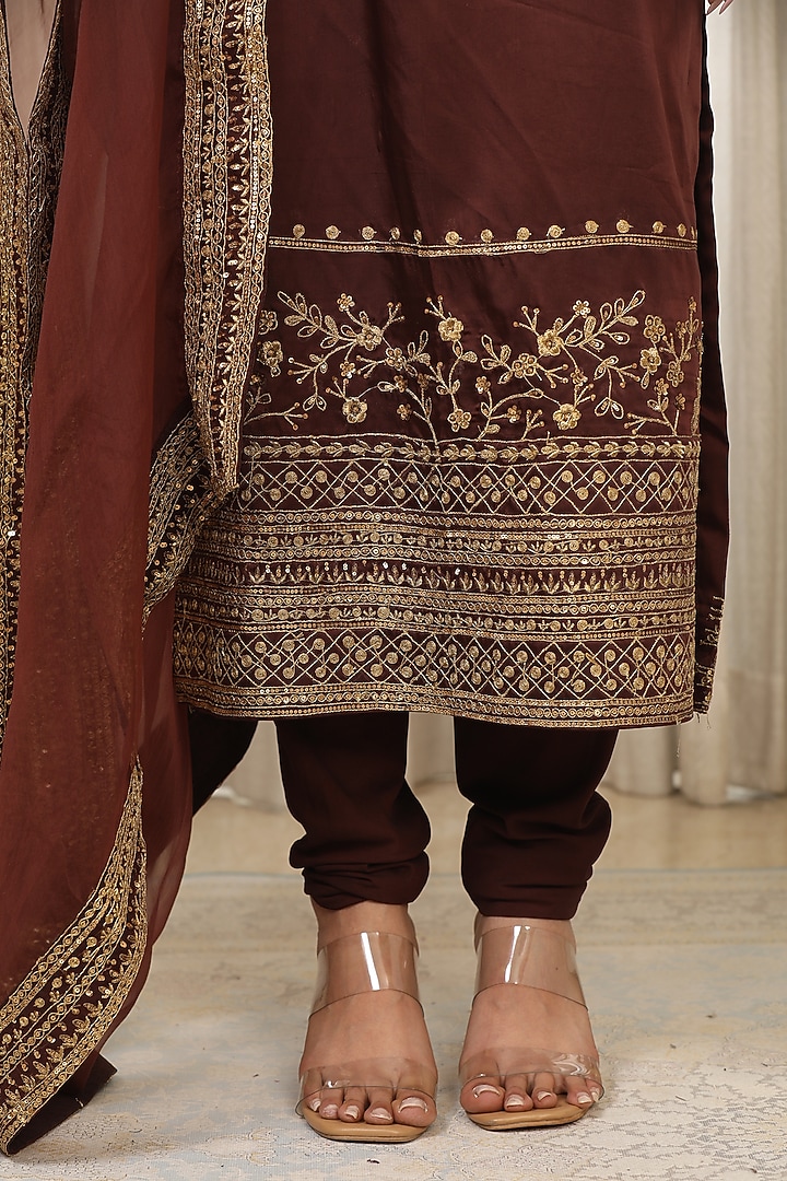 Chocolate Brown Bemberg Pure Satin Zari Work Kurta Set by Esha Koul at Pernia's Pop Up Shop
