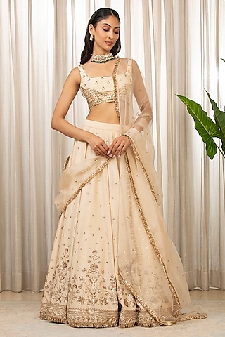 Cream Pure Silk Sequins & Cutdana Embellished Lehenga Set by Esha Koul