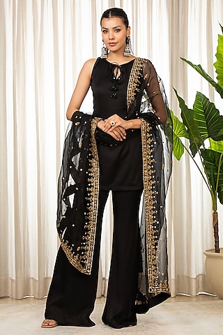 Black Bemberg Pure Satin Sequins Embellished Kurta Set by Esha Koul