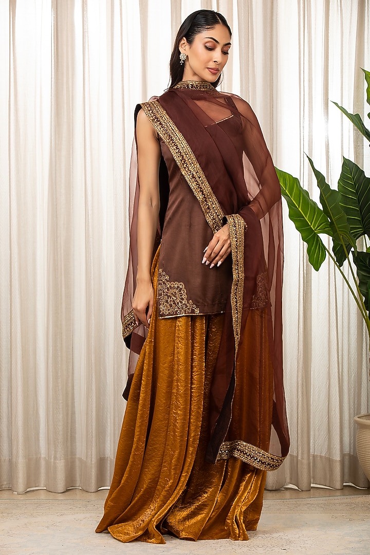 Golden Bemberg Pure Satin Wedding Sharara Set by Esha Koul at Pernia's Pop Up Shop